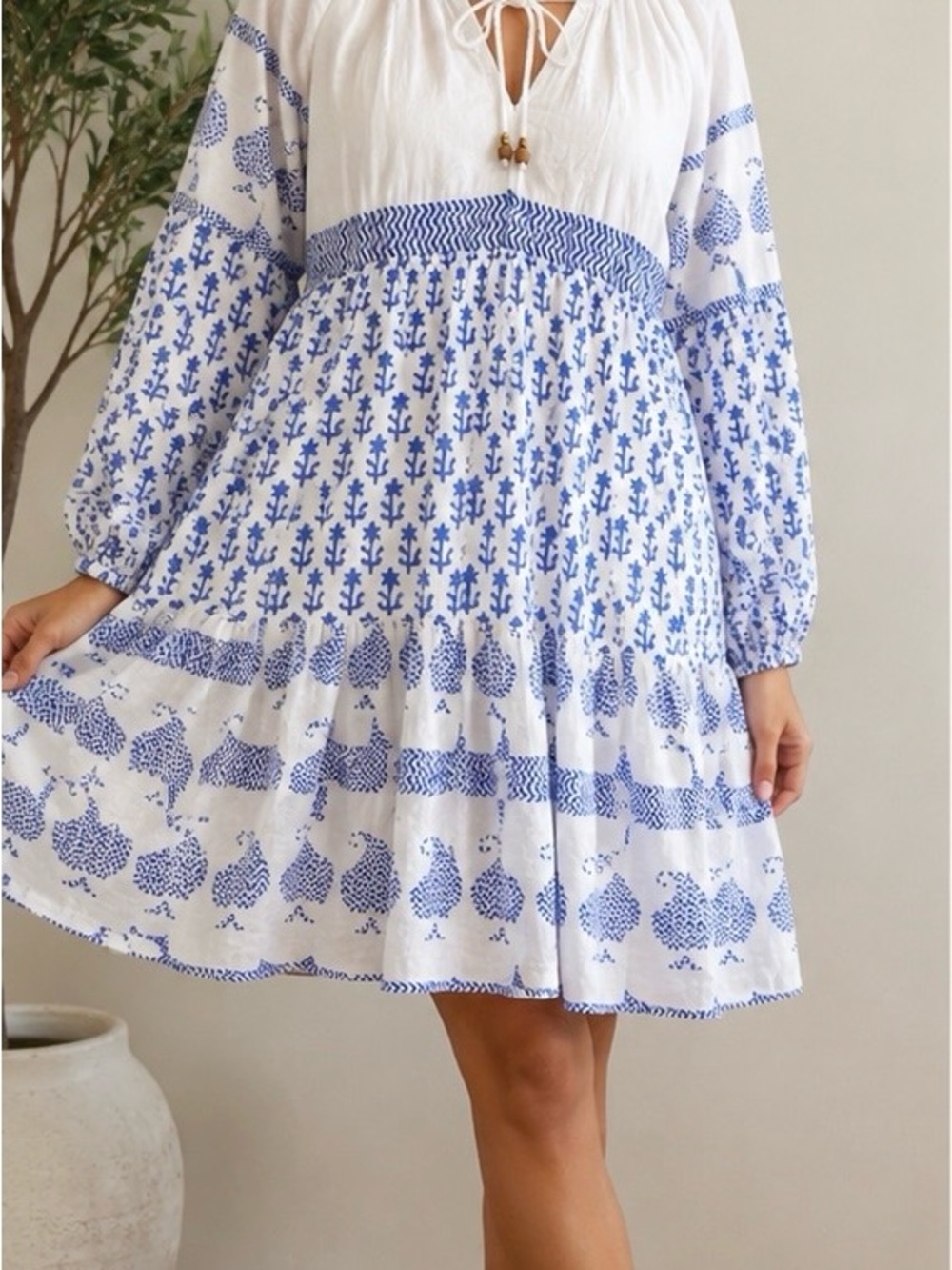 Oliphant Blue & White Boho Cotton Mini Dress Size M